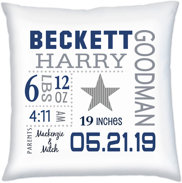 Personalized Birth Announcement Pillow - Baby Boy - Little Super Star - Navy & Grey