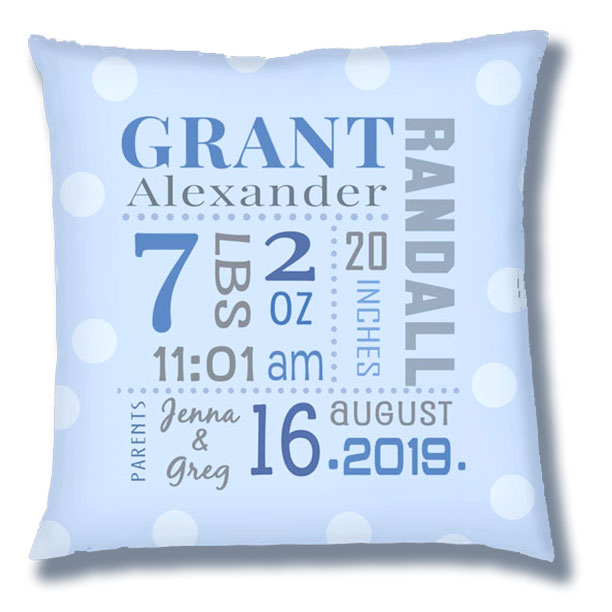 Personalized Birth Announcement Pillow - Baby Boy -Baby Birth Stats- on Soft Blue Pillow