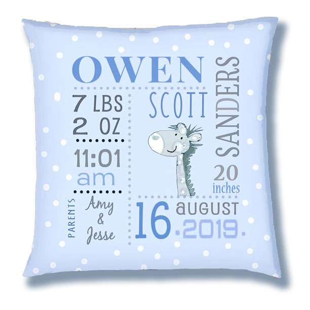 Personalized Birth Announcement Pillow - Baby Boy - Happy Giraffe - Lt. Blue Pillow
