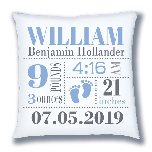 Personalized Birth Announcement Pillow - Baby Boy - Baby Footprints -Light Blue & Grey