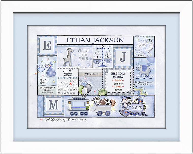 Personalized Baby Birth Art- "Arrival Day - "Balloons & Boy Stuff" - Baby Blue & Grey- Baby Soho