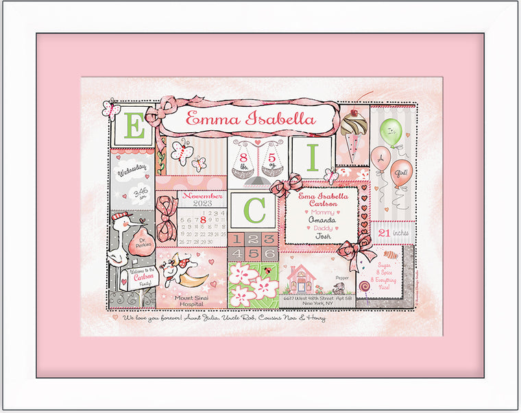 Personalized Baby Birth Art- "Arrival Day - Balloons & Bows" - Pink & Pastels
