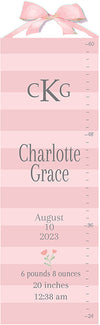 nursery decor growth chart baby girl pink stripes chiffon ribbon hanger monogram birth date  birth details