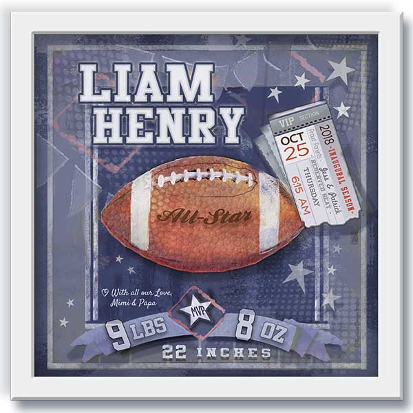 Framed Football Personalized Wall Art with Birth Details, VIP Stadium Ticket and Pennants
