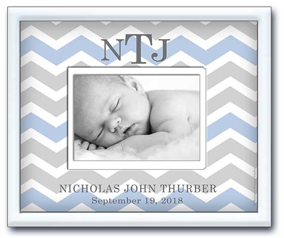 newborn picture frame personalized name and date of birth chevron grey and blue