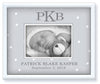 Personalized picture frame with baby's monogram, name and date of birth with white dots on grey