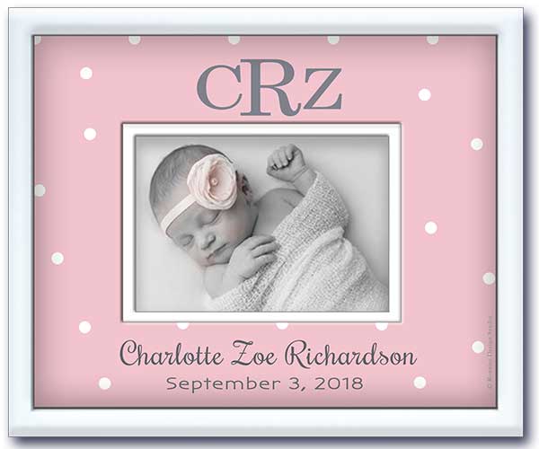 Personalized picture frame with baby's monogram, name and date of birth on pink dot design