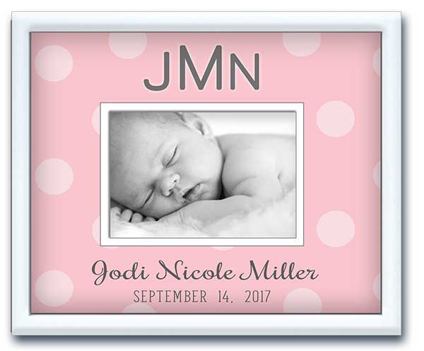 custom personalized newborn baby picture frame pink bold dots with grey name