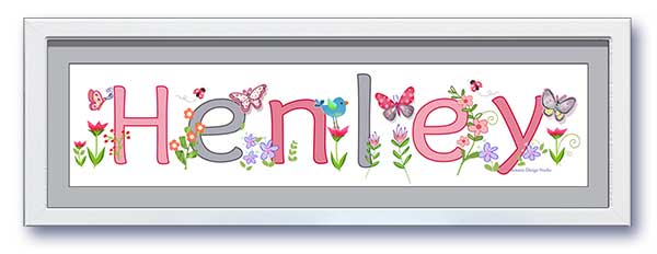 Butterfly Garden Name Frame - Grey & Pink