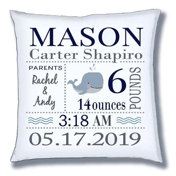 Personalize Baby Birth Announcement Throw Pillow - Baby Boy- Whale - Blues & Greys