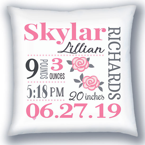 Personalized Birth Announcement Pillow - Baby Girl - Modern Roses- Pink & Grey