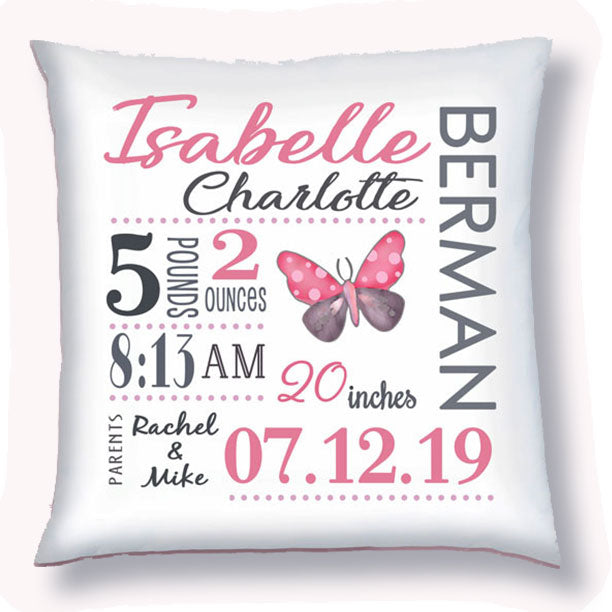 Personalized Birth Announcement Pillow - Baby Girl - Butterfly- Pink & Grey