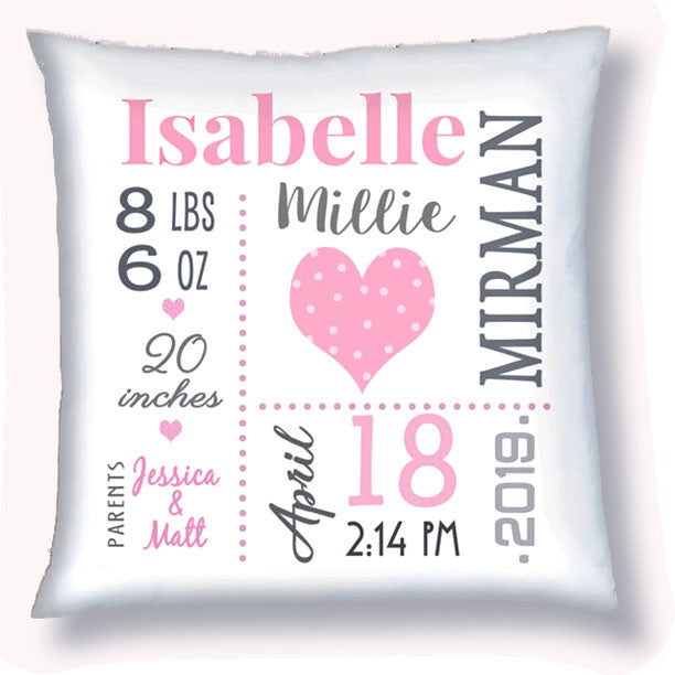 Personalized Birth Announcement Pillow - Baby Girl - Heart - Pink & Grey