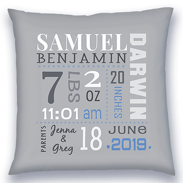 Personalized Birth Announcement Pillow - Baby Boy -Birth Stats on Grey Pillow