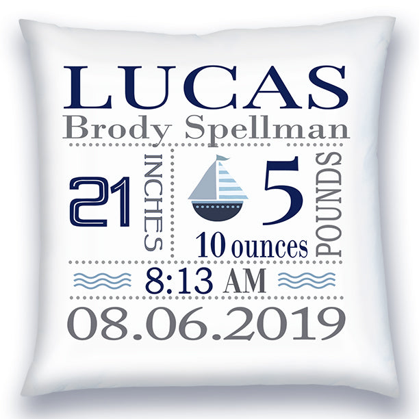 Personalized Birth Announcement Pillow - Baby Boy - Sailboat - Navy & Grey