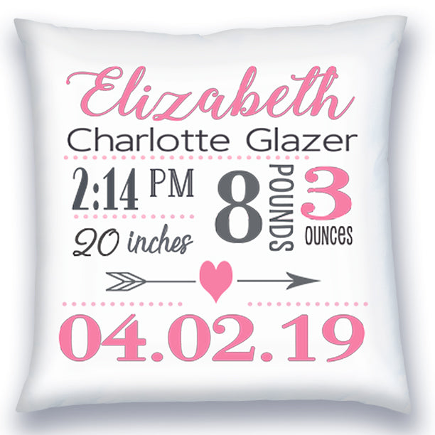 Personalized Birth Announcement Pillow - Baby Girl - Heart & Arrow - Pink & Grey